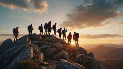 A large group of diverse tourists celebrates the completion of their climb to the top of the mountain with great view at sunset, Mixed ages and skills - obrazy, fototapety, plakaty