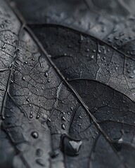Macro shot of water drops on black leaf. Nature background. A close-up photograph capturing the delicate details of frozen water droplets on a leaf, emphasizing the mesmerizing patterns