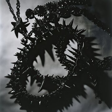 A close-up of gothcore accessories like spiked collars and dark jewelry arranged in a shadowy, high-contrast manner. The minimalistic yet impactful composition is influenced by the abstract still-life