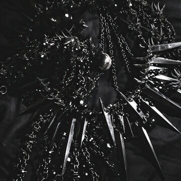 A close-up of gothcore accessories like spiked collars and dark jewelry arranged in a shadowy, high-contrast manner. The minimalistic yet impactful composition is influenced by the abstract still-life