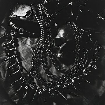 A close-up of gothcore accessories like spiked collars and dark jewelry arranged in a shadowy, high-contrast manner. The minimalistic yet impactful composition is influenced by the abstract still-life
