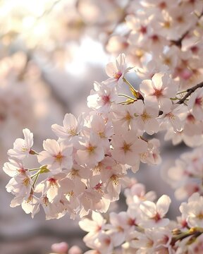 Cherry blossom, sakura flowers in spring time with soft focus. A close-up photograph capturing the delicate beauty of cherry blossoms in full bloom, with soft sunlight filtering through the petals. 