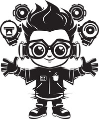 Tech Whiz Inventive Kid Logo Design with Cyber Tech Vector Icon Digital Genius Black Logo Featuring Engineering Cyber Tech Kid in Vector