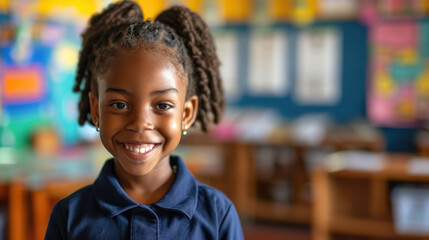 Little African American schoolgirl in school class, cute black girl, diversity, study, education, smart child, kid, children, knowledge, chalkboard, portrait, people, person, curly hair, student