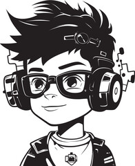 Cyber Champion Engineering Cyber Tech Kid Icon in Black Vector Digital Innovator Inventive Kid Logo with Cyber Tech Vector Icon in Black