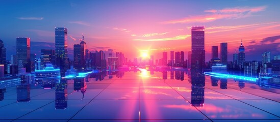 Futuristic cyberpunk neon urban city against blue sunset sky wallpaper landscape. AI generated image