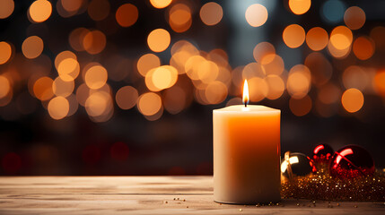 Close-up of candle with soft warm background behind it - obrazy, fototapety, plakaty