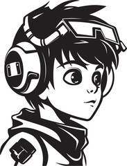 Digital Dynamo Engineering Cyber Tech Kid Icon in Black Vector Future Innovator Inventive Kid Logo with Cyber Tech Vector Icon in Black