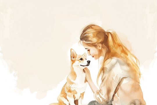 watercolor painting of caucasian woman with corgi dog, copy space, blue pastel color