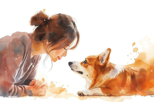watercolor painting of asian girl with corgi dog, copy space, blue pastel color