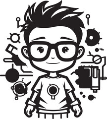 Future Pioneer Black Logo Featuring Engineering Cyber Tech Kid in Vector Graphic Code Savant Vector Graphic of Cyber Tech Kid for Black Logo Design
