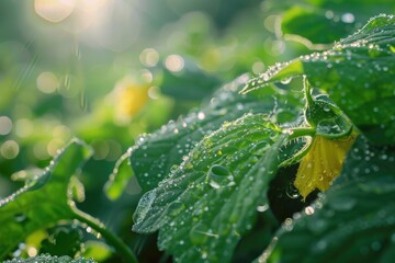 A close-up view of a plant showcasing delicate water droplets resting on its leaves, reflecting light and adding a sense of freshness and vitality
