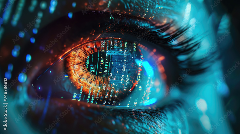 Poster digital data reflected in hacker eye in dark room, network information for cyber security theme. con