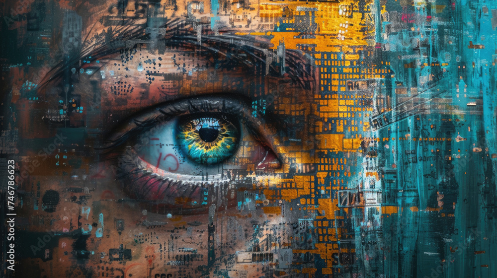 Poster human eye with abstract data background, pattern of network information for cyber security theme. co
