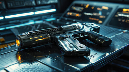 Futuristic gun on metal table inside spaceship, alien machine weapon in spacecraft interior on tech...