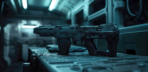 Futuristic machine gun on metal table inside spaceship, alien weapon in spacecraft interior on tech background. Concept of future, space, sci-fi, cyberpunk, game, science, technology
