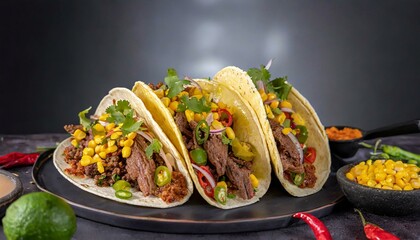 Mexican tacos and their ingredients flying through the air such as meat, corn, cheese, vegetables, tomato and chili with photo studio lighting