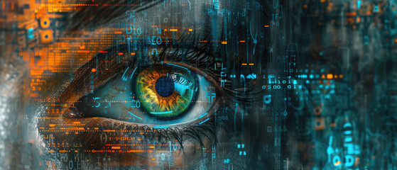 Hacker eye and digital data background, pattern of network information for cyber security theme. Concept of ai, technology, future, spy, code, hack, fraud, art