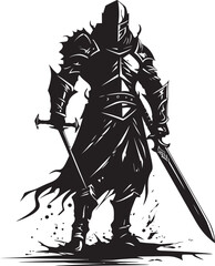 Royal Blade Black Logo Design with Knight Soldiers Raised Sword Vector Chivalrous Defender Knight Soldier with Raised Sword Icon in Black Vector Graphic