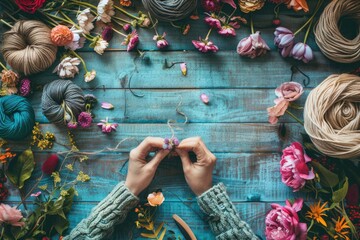 A person sits at a wooden table surrounded by vibrant flowers, focused on knitting. Their hands intricately weave yarn, creating a peaceful and artistic scene