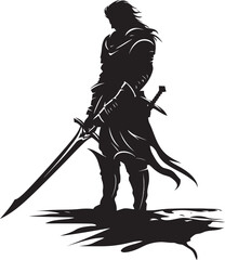 Gallant Guardian Knight Soldier Raised Sword Emblem in Black Graphic Royal Blade Black Logo Design with Knight Soldiers Raised Sword Vector