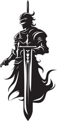 Sword of Valor Black Logo Featuring Knight Soldiers Raised Sword in Vector Defenders Legacy Knight Soldier Raised Sword Emblem in Black Graphic