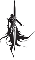 Courageous Knight Black Logo Design with Knight Soldiers Raised Sword in Vector Blade of Honor Knight Soldiers Raised Sword Icon in Black Vector Graphic