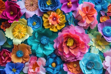 A collection of colorful paper flowers arranged neatly on the surface of a table, adding a lively and artistic touch to the decor