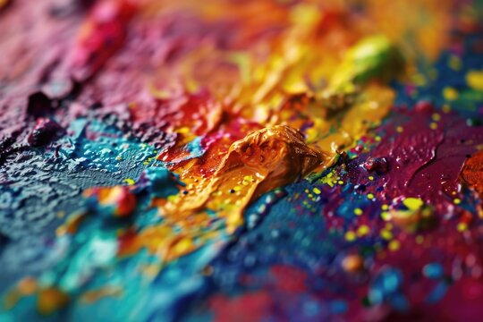 A detailed close-up of a colorful paint palette showcasing a vibrant array of splatters and swatches in various hues and tones