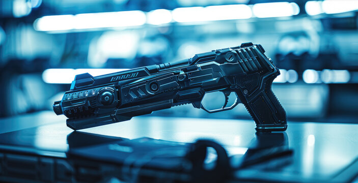 Futuristic gun inside spaceship, alien weapon on desk in spacecraft interior on blue blurred background. Concept of future, space, scifi, cyberpunk, ufo, technology, military