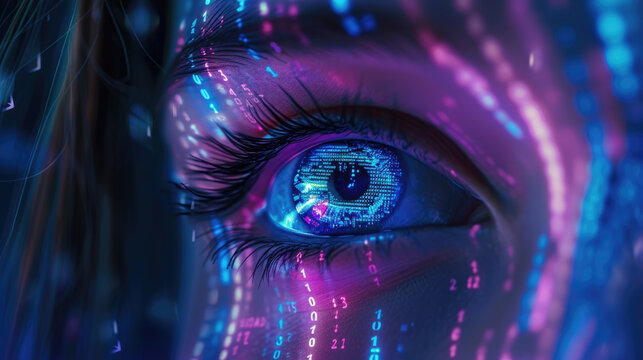 Digital data reflected on female hacker face in dark room, network information for cyber security theme. Concept of ai, computer technology, future, spy, code, hack, art