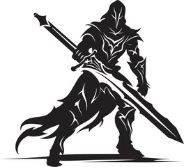 Blade of Honor Knight Soldiers Raised Sword Icon in Black Vector Graphic Sovereign Sentinel Black Vector Logo of Knight Soldier with Sword Aloft