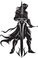 Gallant Guardian Knight Soldier Raised Sword Emblem in Black Graphic Regal Sentinel Black Vector Logo of Knight Soldier