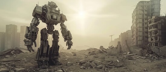 Future apocalypse of military robot in destroyed city make ruin risk buildings. AI generated image - obrazy, fototapety, plakaty
