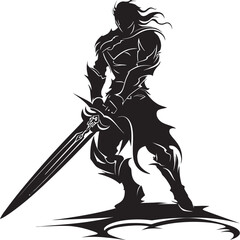 Chivalrous Guardian Black Knight Soldier Raised Sword Icon Loyal Protector Vector Black Logo of Knight Soldier