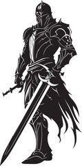 Brave Sentinel Black Vector Logo with Knight Soldier Valiant Defender Knight Soldier Raised Sword in Black