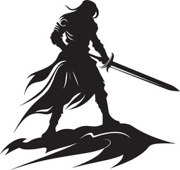 Resolute Guardian Knight Soldier Raised Sword Emblem in Black Noble Knight Black Logo Design Featuring Knight Soldiers Raised Sword in Vector