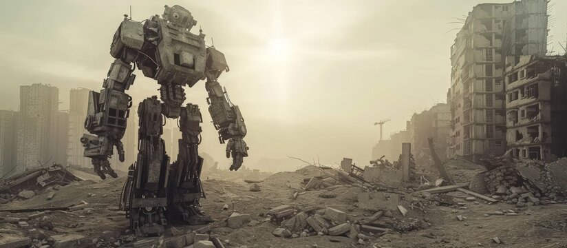 Future apocalypse of military robot in destroyed city make ruin risk buildings. AI generated image