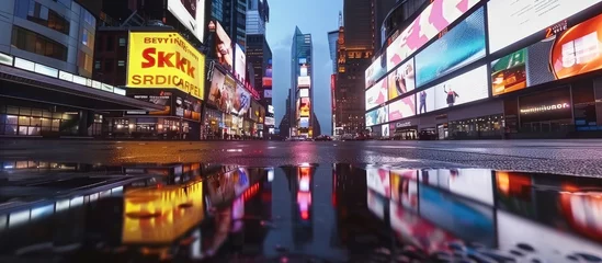 Foto op Canvas 3D Rendering capital city building with billboards and light reflection from puddles on street. © yusufadi