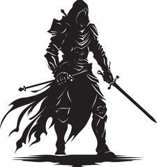 Regal Sentinel Black Vector Logo of Knight Soldier Brave Defender Knight Soldier Raised Sword in Black