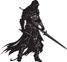 Noble Protector Knight Soldier Raised Sword Emblem in Black Gallant Guardian Vector Black Logo with Knight Soldier Icon