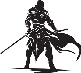 Valiant Defender Raised Sword Icon in Vector Black Majestic Guardian Black Logo with Knight Soldier
