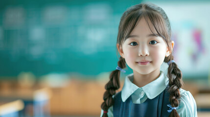 little korean schoolgirl in school class, cute asian girl, japanese, chinese, study, education, smart child, clever kid, children, knowledge, chalk board, portrait, people, person, black hair