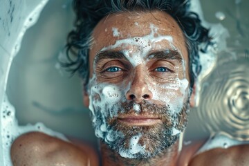 A middle-aged man with white paint on his face is peacefully lying in a bathtub, surrounded by serenity and creativity