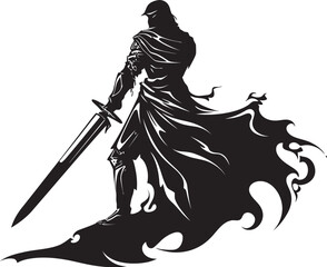Royal Blade Black Logo Design with Knight Soldiers Raised Sword Vector Gallant Guardian Knight Soldier with Raised Sword Icon in Black Vector Graphic