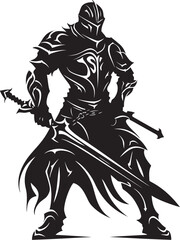 Gallant Guardian Knight Soldier Raised Sword Emblem in Black Graphic Royal Blade Black Logo Design with Knight Soldiers Raised Sword Vector