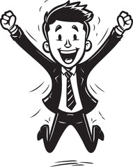 Joyful Executive Black Vector Logo of Happy Businessman Stick Figure Smiling Suit Caricature Stick Figure Businessman in Black Logo