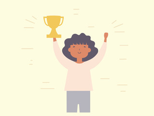 Woman holding trophy aloft joyfully pride. Celebrating victory winning moment. Success achievement concept vector illustration