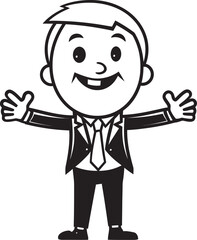 Grinning Business Mogul Mark Caricature Stick Figure in Black Logo Gleeful Business Director Symbol Happy Businessman Icon in Vector Black