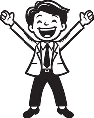 Ecstatic Business Leader Badge Caricature Stick Figure in Black Vector Smiling Corporate Visionary Insignia Happy Businessman Icon in Black Logo